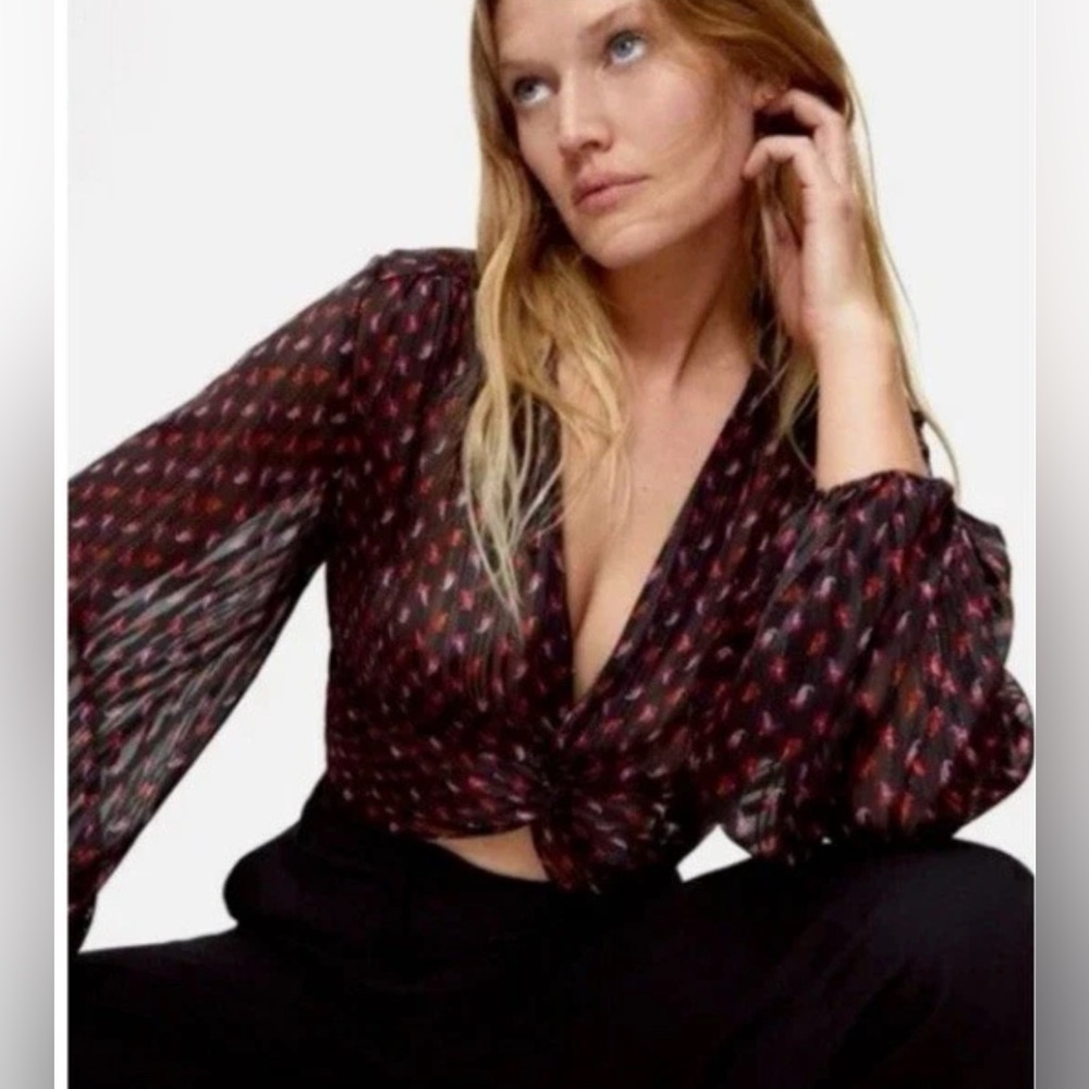 Zara Red and White Crop Tie Front Blouse